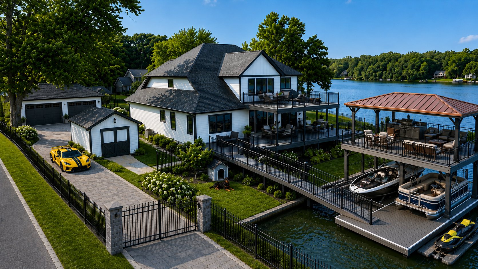 Lakefront home in north-central Indiana by BnR Home Solutions — two-story composite deck with a walkway to a dock and copper-roof boat lift, aluminum fence, gated driveway, and custom shed