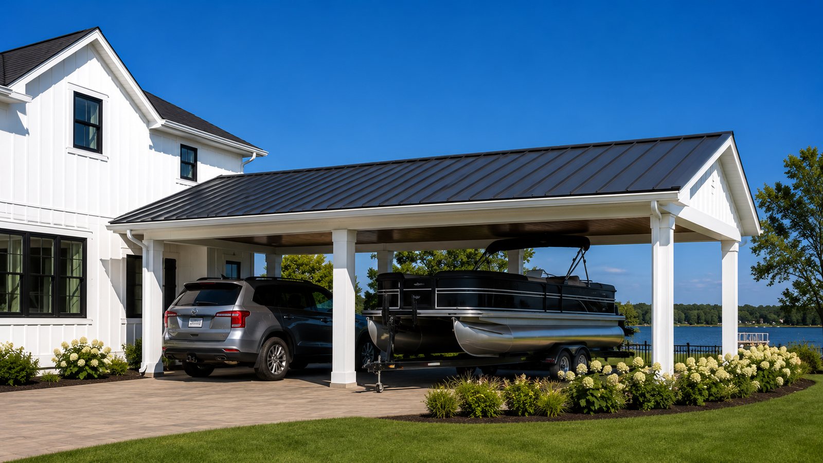 Custom carport sheltering a vehicle and pontoon boat, built by BnR Home Solutions in North-Central Indiana