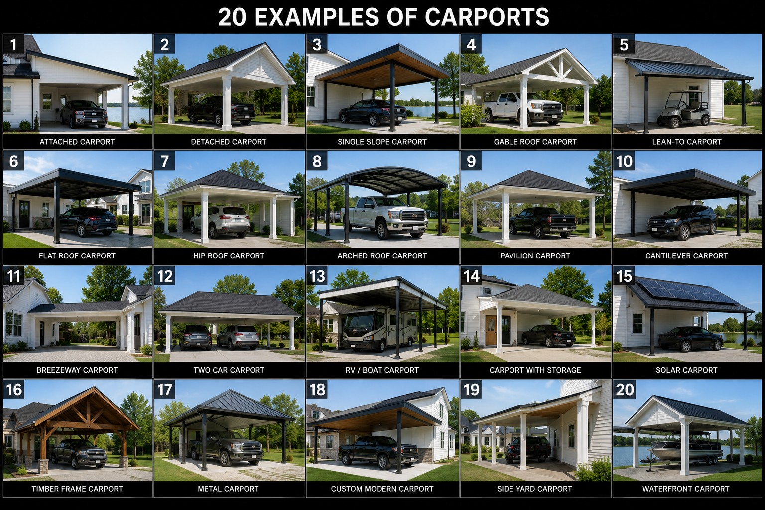 Carport styles we build — attached, freestanding, metal, and timber — sized for your vehicles, boat, or RV — BnR Home Solutions, North-Central Indiana