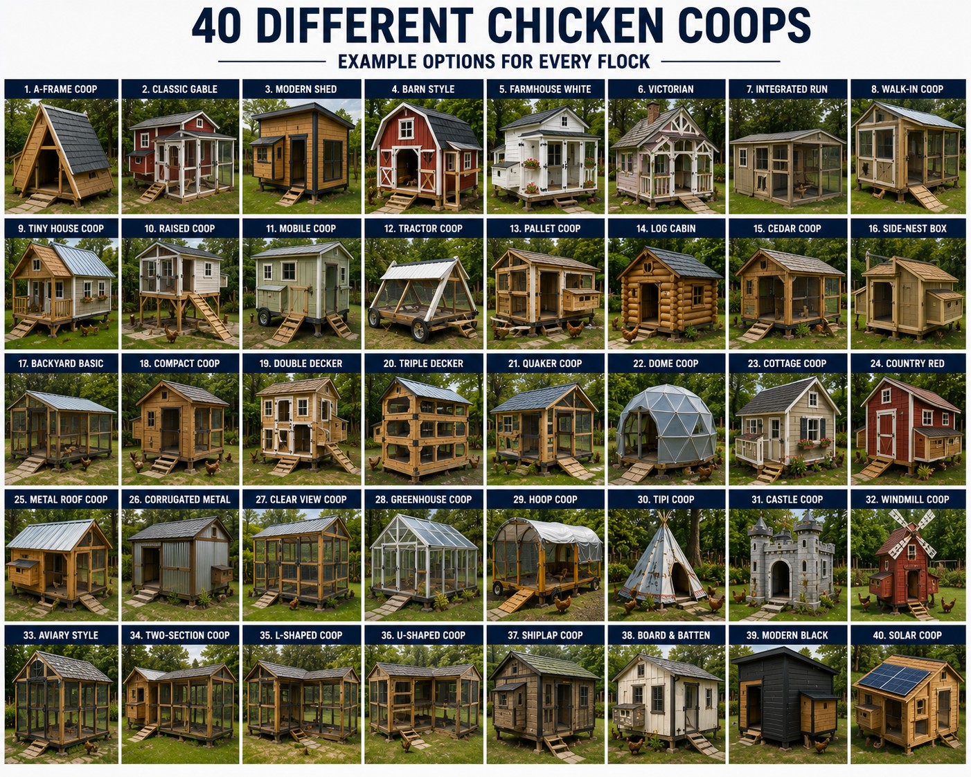 A range of custom chicken coops styles we build, customized to your property — BnR Home Solutions, North-Central Indiana