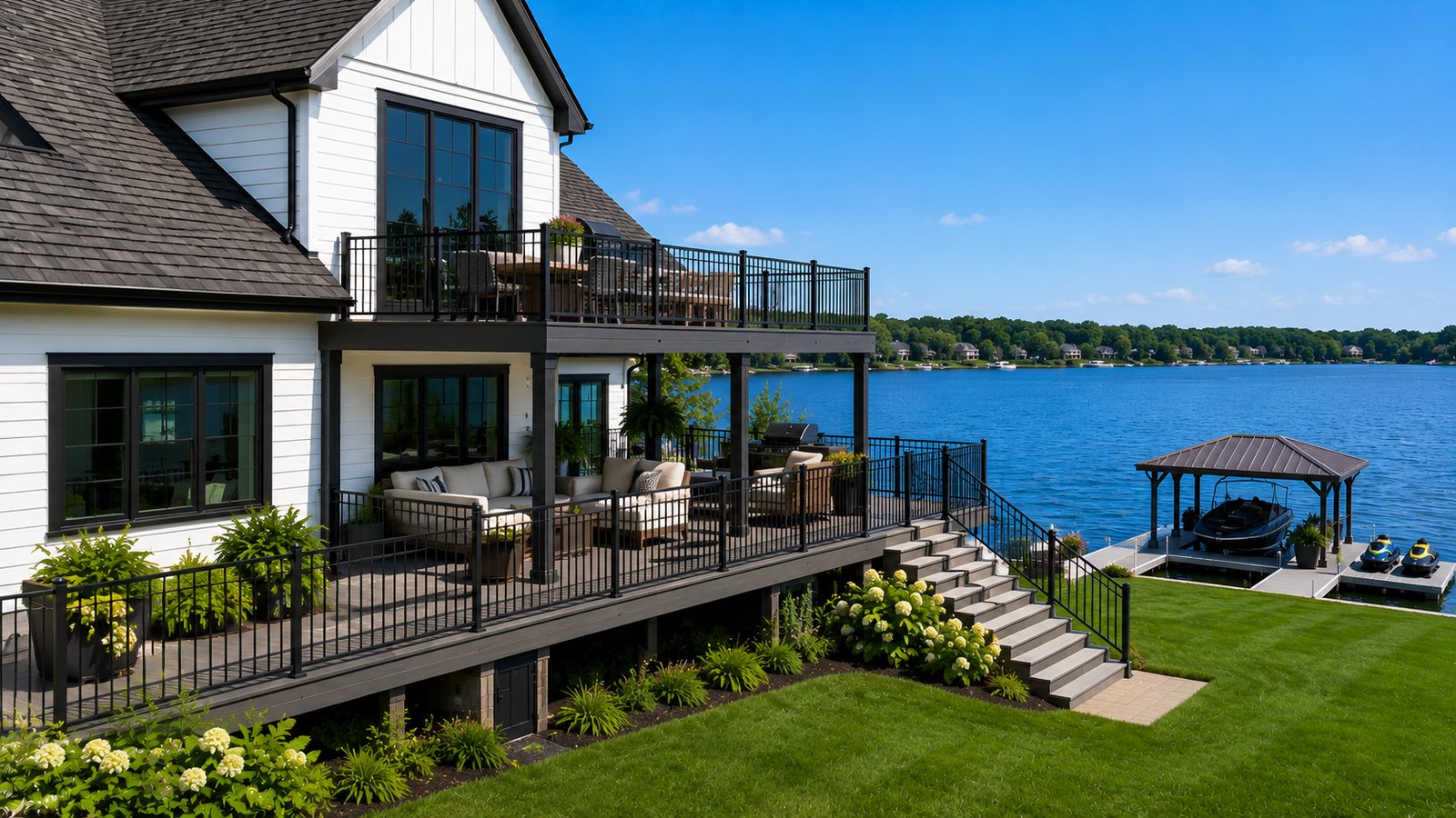 Two-level composite deck built by BnR Home Solutions on a lake home in North-Central Indiana