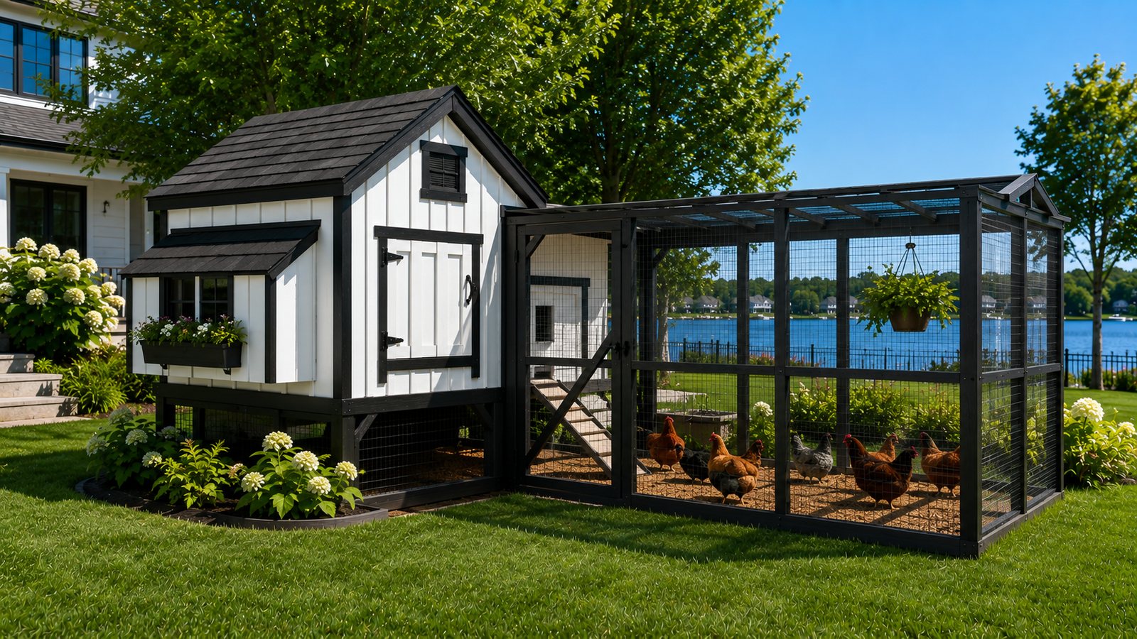 Custom chicken coop with a fenced run built by BnR Home Solutions in North-Central Indiana