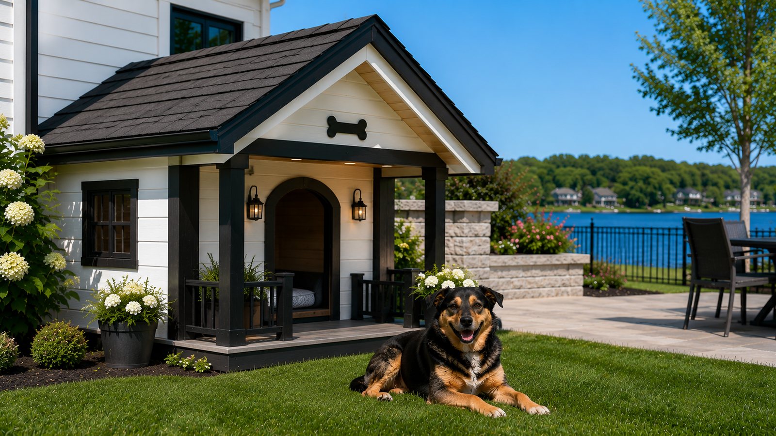 Custom farmhouse-style dog house built by BnR Home Solutions in North-Central Indiana