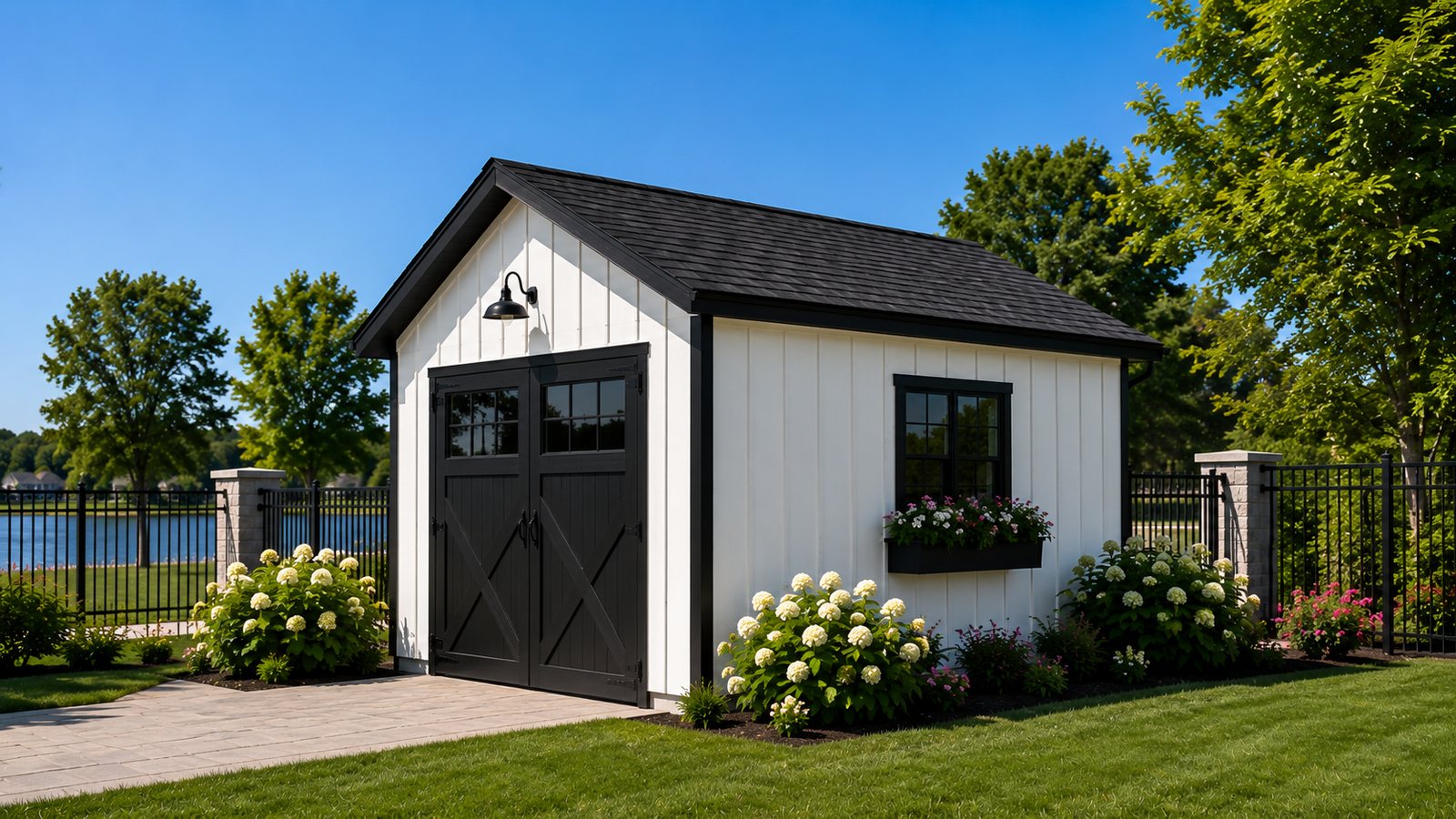 Custom board-and-batten storage shed built by BnR Home Solutions in North-Central Indiana