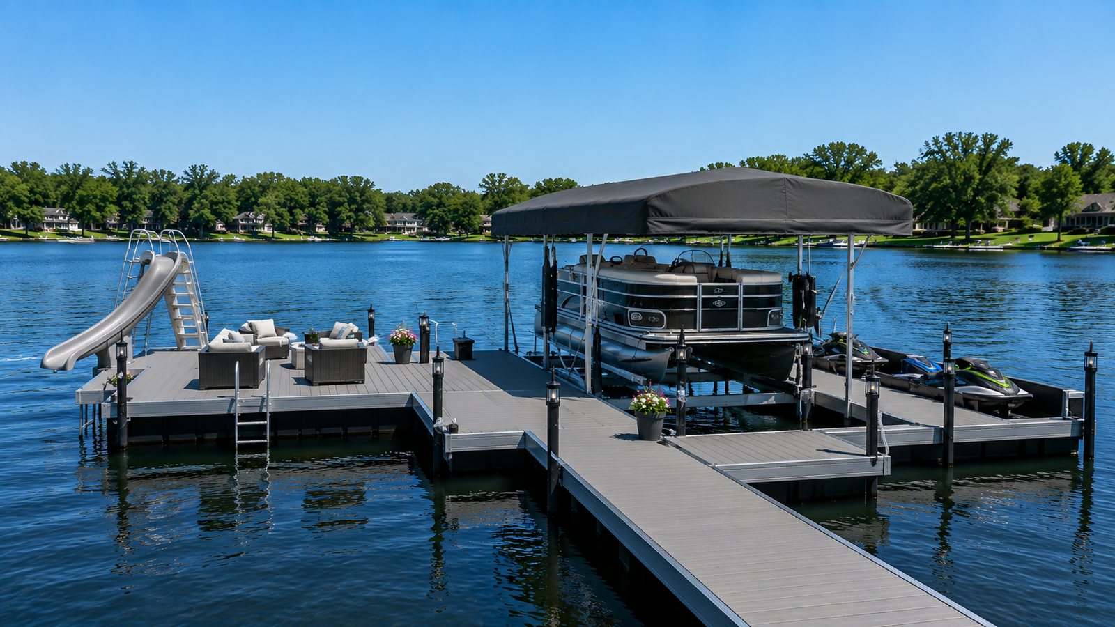 Custom floating dock with a covered boat lift built by BnR Home Solutions in North-Central Indiana