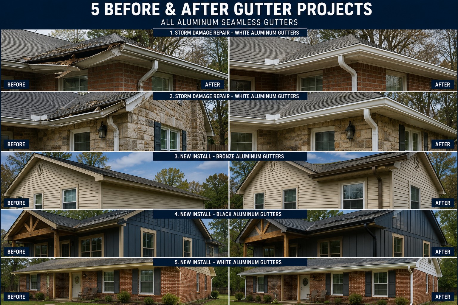 Before-and-after examples of our gutters & downspouts work — BnR Home Solutions, North-Central Indiana