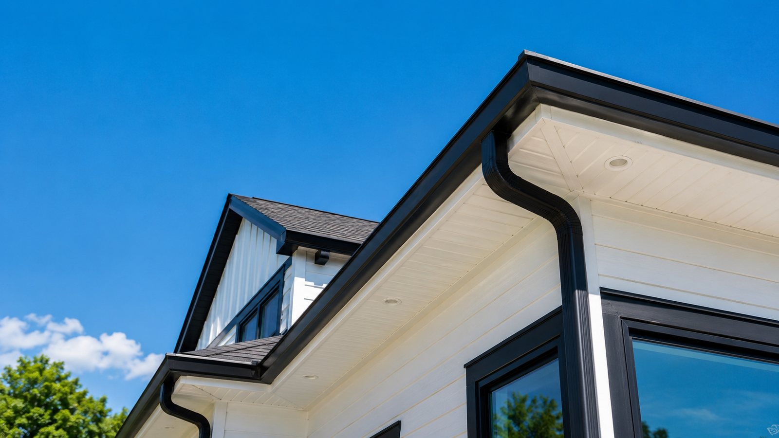 New white soffit and black fascia installed by BnR Home Solutions in North-Central Indiana