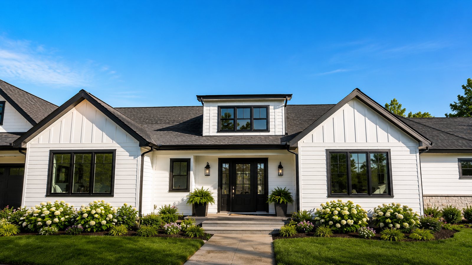 New black-framed windows and entry door installed by BnR Home Solutions in North-Central Indiana